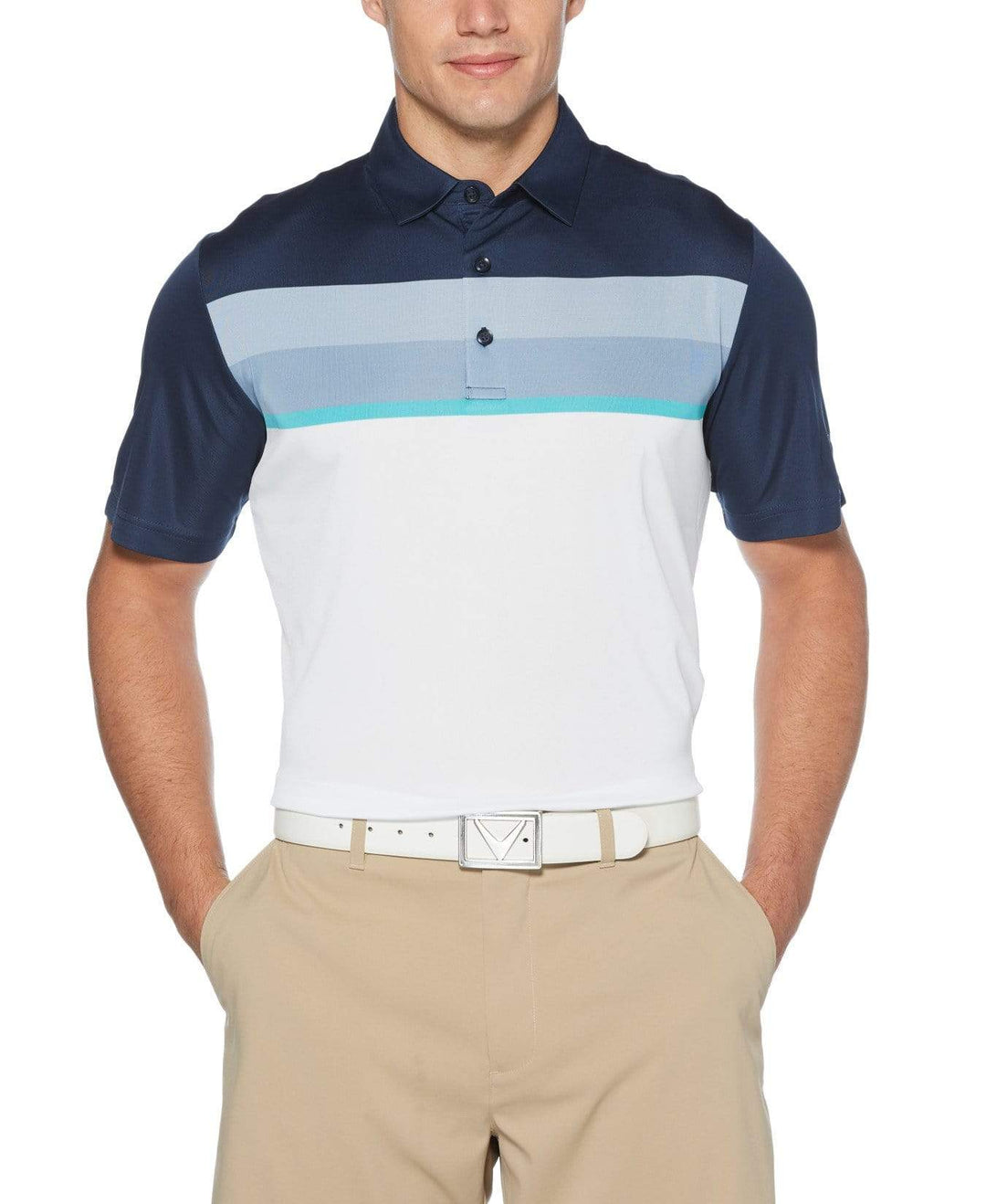 Mens Birdseye Color Block Chest Stripe Polo Polos Peacoat / L