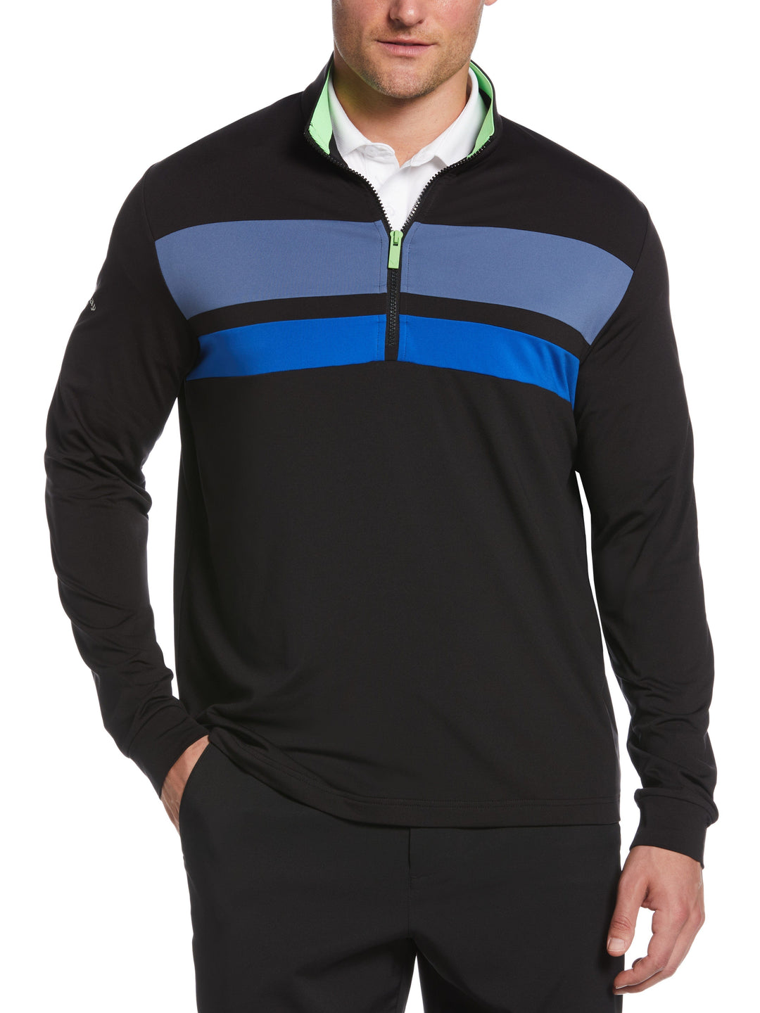1/4 Zip Color Block Mixed Media Pullover Golf Sweater (Caviar) 