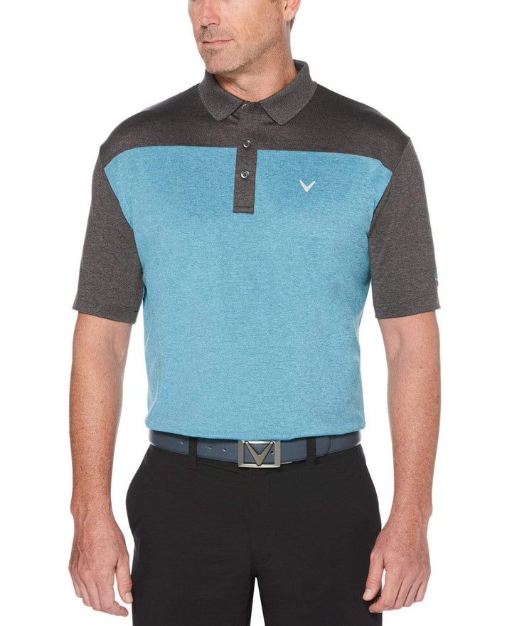 Mens Ventilated Heathered Color Block Polo with Chevron Polos Delphinium Blue Htr / XL