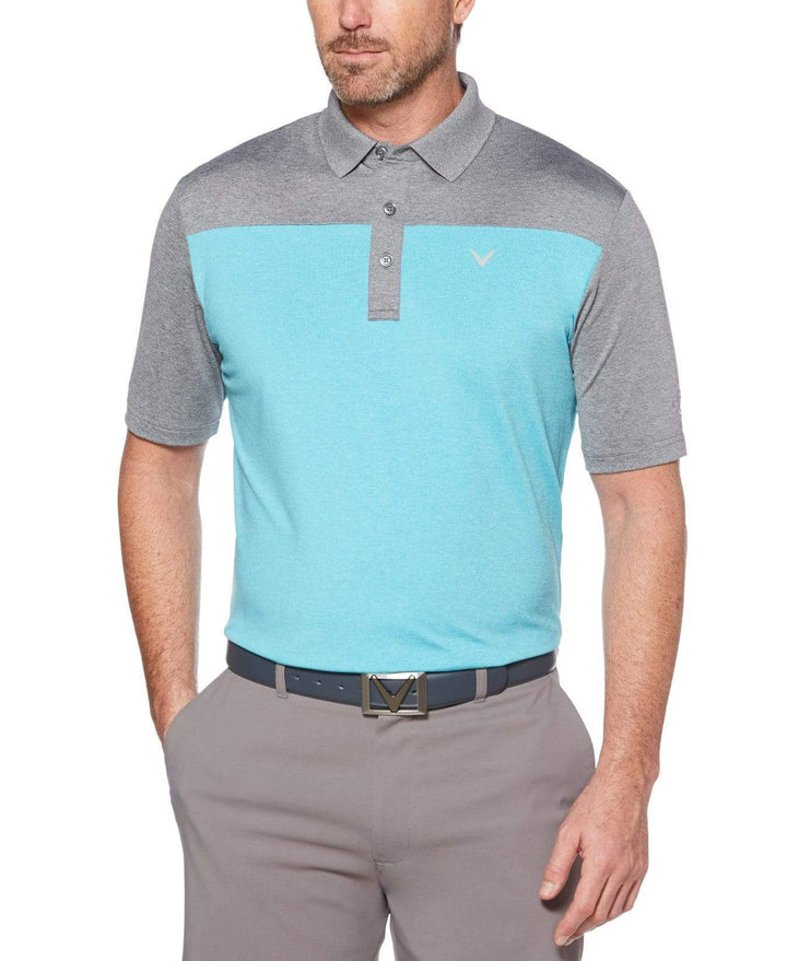 Mens Ventilated Heathered Color Block Polo with Chevron Polos Scuba Blue Heather / XXL
