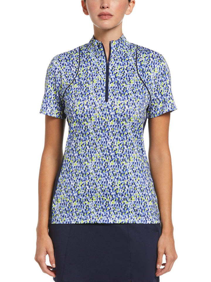 Digital Confetti Print Color Block Golf Polo (Brilliant White) 