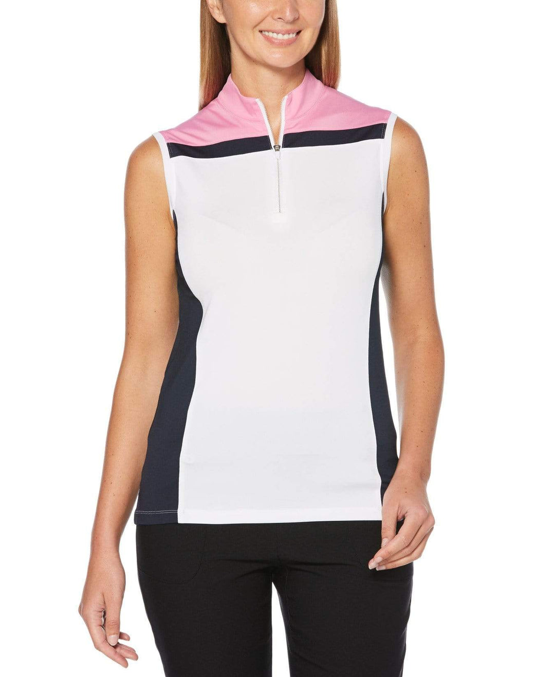 Womens Sleeveless 1/4 Zip Color Block Polo Polos Fuchsia Pink / M